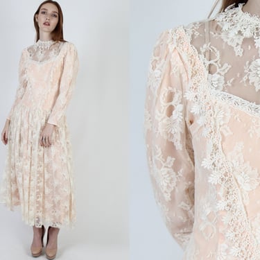 Scott McClintock Peach Illusion Dress / Vintage 80s Floral Lace Bridal Gown / Tiered Full Bustle Skirt Maxi 