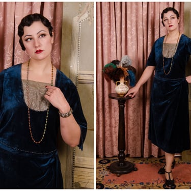 1910s Dress - Late 1910s Lustrous Indigo Early Rayon Velveteen Dress with Beaded Trim and Machine Lace 