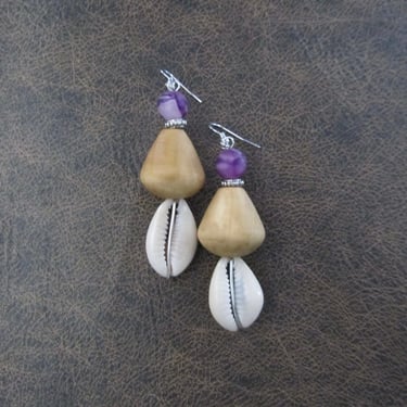 Cowrie shell and wooden earrings, purple earrings 2 