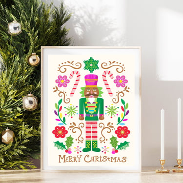 Nutcracker Folk Art Print/ Colorful Candy Themed Christmas Illustration/ Holiday Mantle or Wall Decor 
