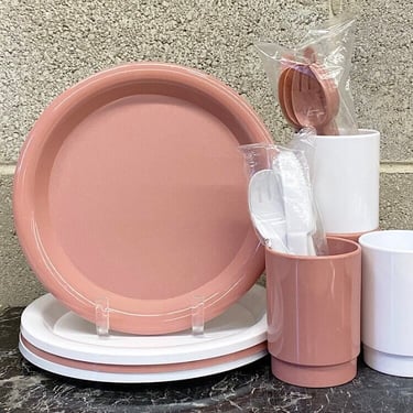 Vintage Dinnerware Set Retro 1990s Contemporary + Plastic + Light Pink and White + 14 Piece Set + Indoor or Outdoor + Heller Style + Picnic 