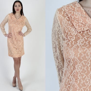 60s Nude Floral Lace Mini Dress, Sheer Wedding Bridal Party Outfit, Vintage 1960s Collar Sheath 