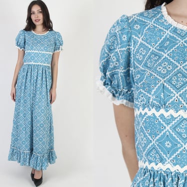 Vintage 70s Handkerchief Floral Dress Pilgrim Folk Country Homespun Blue Cotton Maxi Dress 