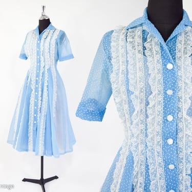 1950s Blue Dotted Swiss Dress | 50s Blue Nylon & White Lace Dress | Small 