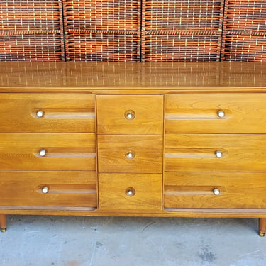 Mid Century Modern 9 Drawer Dresser by LA Period Solid Elm Dovetail Walnut Color With Mirror Storage Office Cabinet Entertainment Center 