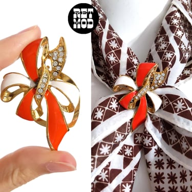 Deadstock Vintage 70s 80s Orange White Gold Rhinestone Bow Scarf Clip 