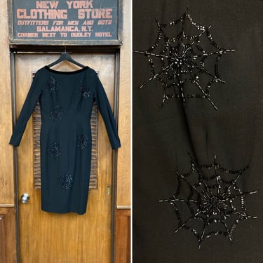 Vintage 1950’s Jet Black Spiderweb Detail Deco Rockabilly Party Dress, Vintage Spiderweb, Beaded, Sequin, Rockabilly, Noir, Deco, 1950s, 