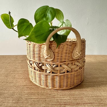 Vintage Natural Wicker Basket with Leather Handles & Accents 