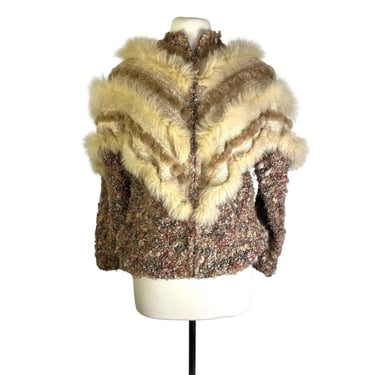 Vintage Handmade in Canada Boucle Wool Beaver Fur Luxury Zip up Cardigan Aspen Sweater 