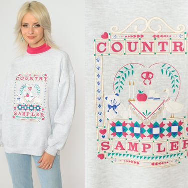 90s Country Sweatshirt Goose Teddy Bear Heart Cross-Stitch Graphic Pink Mock Neck Pullover Heather Grey Large 