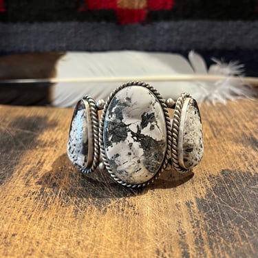 STONE IN LOVE Navajo Silver Cuff | Augustine Largo Large 3 Stone White Buffalo Turquoise Bracelet | Native American Southwestern Jewelry 