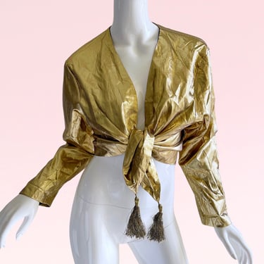 Vintage 1970s Gold Lame Tassel Cropped Disco Blouse - Groovy and Glamorous 