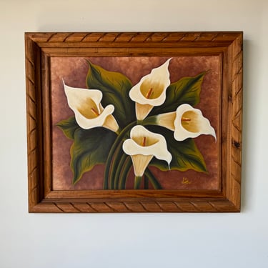 Large - Vintage Suly Calla Lily Mexican Still Life Painting On Rustic Pine Wood Frame 