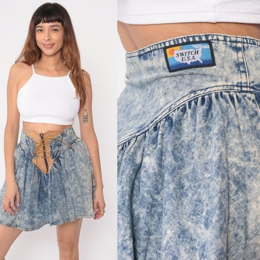 80s Acid Wash Denim Skirt Corset Front Mini Skirt Western Cowgirl Blue Jean High Waisted Yoke Miniskirt Eighties Vintage 1980s Small Medium 