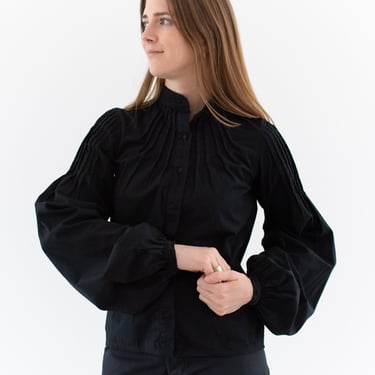 Vintage Black Puff Sleeve Shirt | Paco Rabanne Pleated Romantic Blouse | XS | 36 