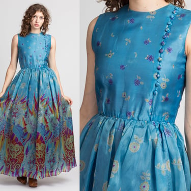 60s Blue Floral Silk Party Dress - Small | Vintage Psychedelic Fit & Flare Sleeveless Maxi Gown 