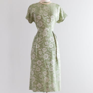 1950s Sage Green Floral Print Brocade Cocktail Dress With Dramatic Back / Waist 28