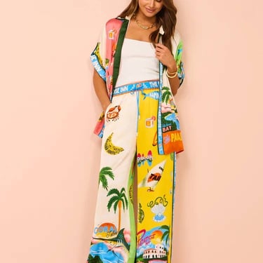 Beach Print Blouse And Wide Leg Trouser Set for vacation