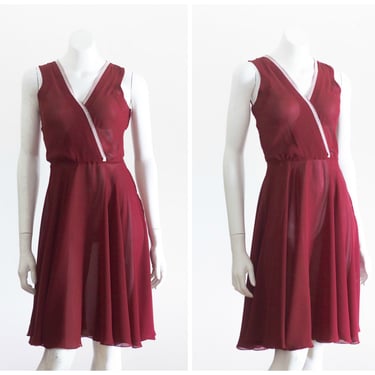 1970s burgundy sleeveless fit and flare dress with cream lace trim 