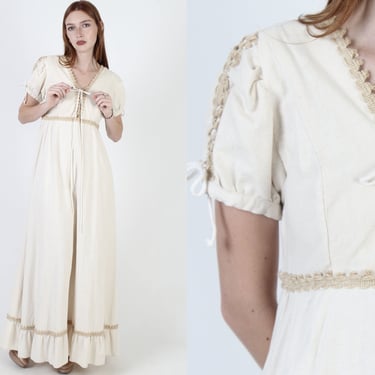 Black Label Gunne Sax Crochet Maxi Dress / Floral Embroidered Renaissance Fair Dress / Lace Up Corset Jute Trim / Long Prairie Bridal Gown 