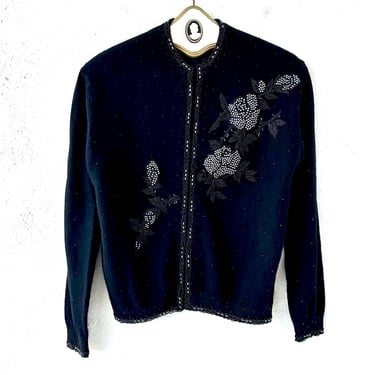 Vintage 50s Beaded Floral Cardigan Black Silver 1950s Sweater Rose Lambswool Angora 