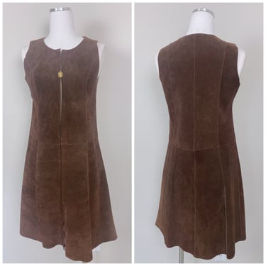 1970s Vintage Chocolate Brown Suede Zipper Dress / 70s / Seventies Mod Horse Zip Shift Mini Dress / Size Small - Medium 