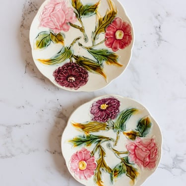 antique french hand painted floral majolica plates, set of 2