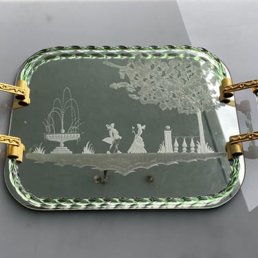 Itailan Murano Barovier Style Vanity Tray with Etched Mirror and Twisted Glass Rope 