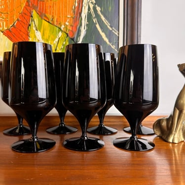 Set of 7 Vintage Onyx Tulip Stemmed Glass Goblets 