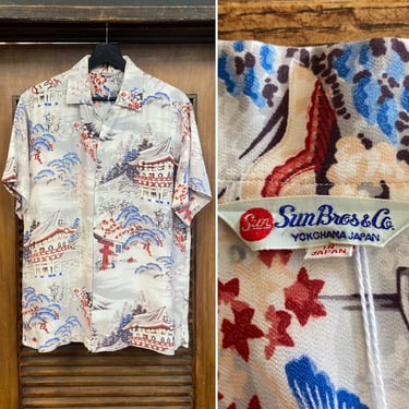 Vintage 1950’s “Sun Bros.” Asian Japan Pattern Crepe Hawaiian Shirt, 50’s Vintage Clothing 
