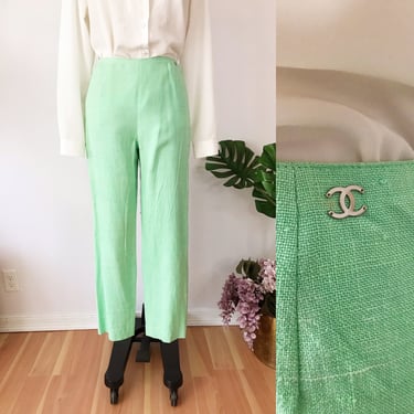 90s CHANEL Mint Green Silk Trousers / Designer High Waist Slacks Raw Woven Silk Spring Lightweight 