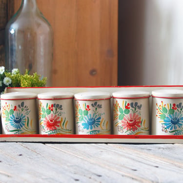 Vintage enamel spice rack / hand painted enamelware spice canisters / hanging spice keeper / retro kitchen decor / enamel container set 