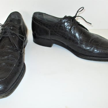 Vintage 1990s Ambassdor Oxfords, Black Alligator Leather Laced Tie Shoes, Size 7 1/2 D Men 