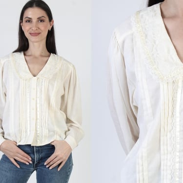 Jessica McClintock Blouse, Vintage Gunne Sax Top, Oversized Victorian Tunic, Button Up Ivory Shirt 