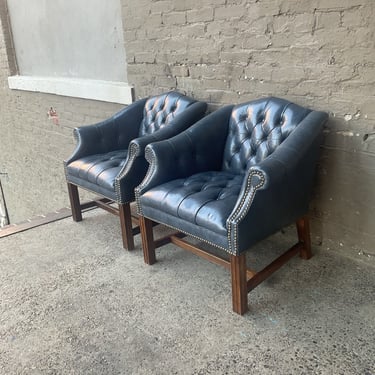 Pair of Blue Leather Tufted Armchairs