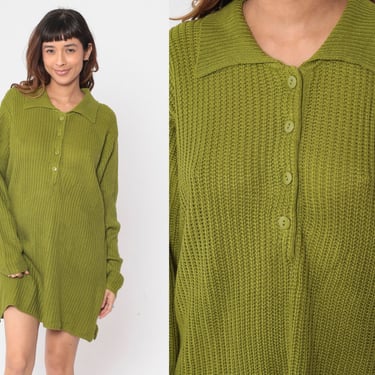 Oversized Sweater Dress 90s Olive Green Knit Dress Micro Mini Henley Button Up Collared 1990s Vintage Long Sleeve MiniDress 1990s Large L 