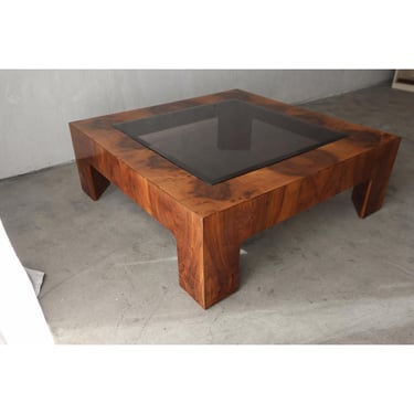 Square Mid Century Walnut Burl Coffee Table by Milo Baughman 