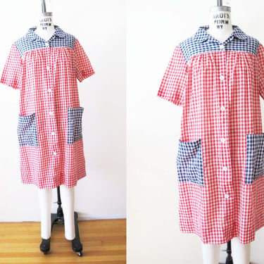 Vintage 60s House Dress Duster Robe M - 1960s Red Blue Gingham Plaid Collared Button Up Casual Mumu 