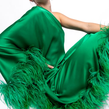 TALLER MARMO Green Satin Fur Trim Gown (Sz. 36)