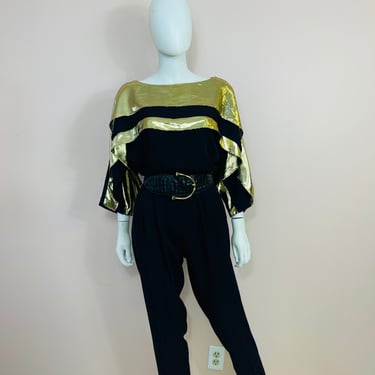 vtg 80s black and gold lamé jumpsuit 