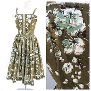 Vintage VTG 1930s 1940s Silk Green Blue Floral Patterned Drop Waist Dress
