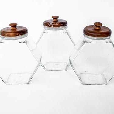 Set of 3 Glass Hexagon Canisters with Teak Lids 
