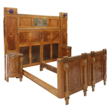 Antique Bed with Nightstands, Art Nouveau, Walnut, Bronze Mounted, Early 20th Century