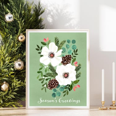 Christmas Florals and Foliage Art Print/ 8X10 Rustic Holiday Botanical Illustration/ Christmas Decor for Wall or Mantle 