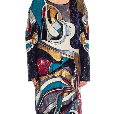 1980S Black & White Multicolored Beaded Silk Abstract Art Cocktail Dress 