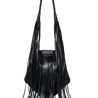 Foley & Corinna - Black & Tan Paisley Print Faux Leather Bag w/ Fringe
