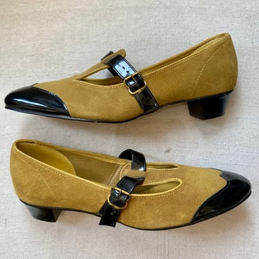 Vintage 60's MOD MARY JANE T-Strap Spectator Pumps / Patent Leather + Mustard Suede / Never Worn / Leggeto Originals / 7 to 7.5 