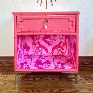 Ultra High Gloss Hot Pink Drexel Kensington Faux Bamboo Single Night Stand/End Stand with Storage/Custom Designed Storage Cabinet 