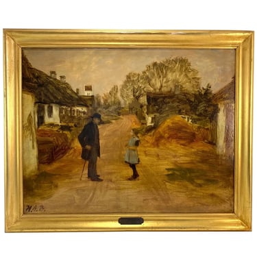 1910 Antique Orignal HANS ANDERSEN BRENDEKILDE Oil on Canvas Painting, European Village Street Scene Framed Art 