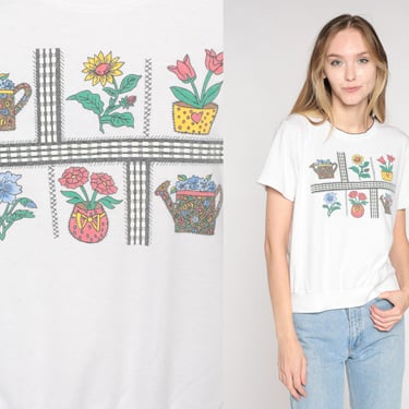 Gardening Shirt 90s White Floral T-Shirt Flower Watering Can Print Top Short Sleeve Blouse Banded Hem Graphic Tee Vintage 1990s Medium M 
